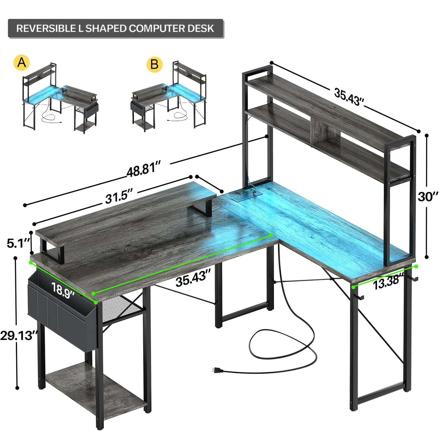 Aheaplus Small L Shaped Gaming Desk with LED Lights & Power Outlets, Reversible L-Shaped Computer Desk with Monitor Stand & Storage Shelf, Corner Desks Home Office Desk with Storage Bag, Grey Oak