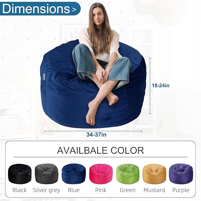 HABUTWAY Bean Bag Chair 3Ft Luxurious Velvet Ultra Soft Fur with High Rebound Memory Foam Bean Bag Chairs for Adults Plush Lazy Sofa with Fluffy Sponge 3' (Blue)