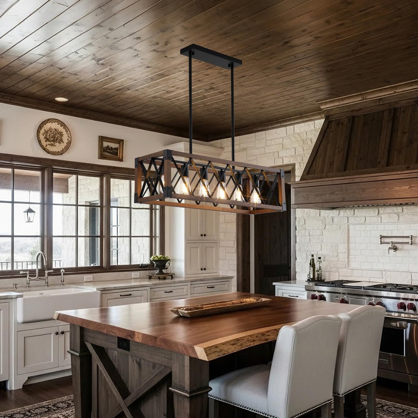 Dining Room Light Fixture/Chandelier Over Table,Matte Black Rustic Wood Ceiling Pendant Light,6-Light Kitchen Island Lighting Fixtures, Linear Farmhouse Chandeliers for Dining Room,Kitchen Island