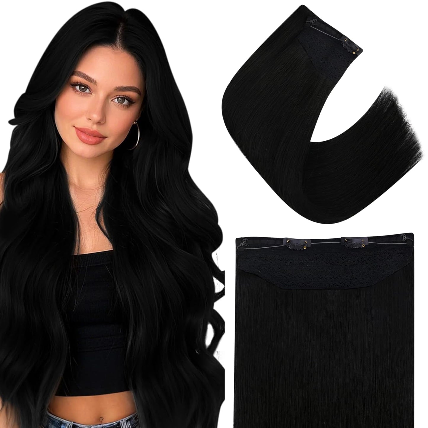 Easyouth Invisible Wire Hair Extensions Black Hair Extensions Wire 14 Inch Jet Black Wire Hair Extension Human Hair Add Length a