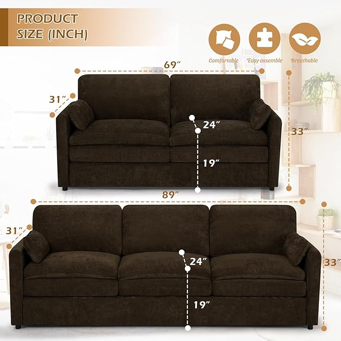 ACMEASE 2 Pieces Chenille Sofa Set w/Two Throw Pillows, Upholstered Loveseat & 3 Seater Sofa w/Comfortable Back Cushions, Modern 2-Seat & 3-Seat w/High-Density Foam for Living Room, Apartment, Brown