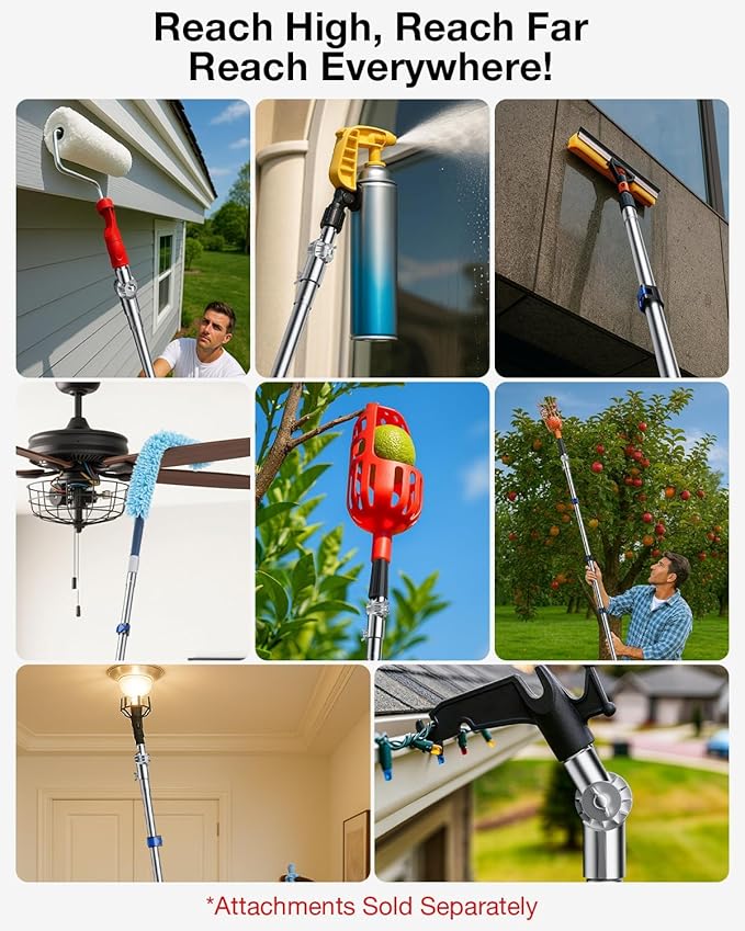 Telescoping Pole, with Joint Angle & Squeegee Adaptor, Aluminum Telescopic Paint Roller Extension Pole & Extendable Pole, Anti-Slip Foam Grip, Multi-Purpose Gutter Window Dust Cleaning Pole (36 FT)