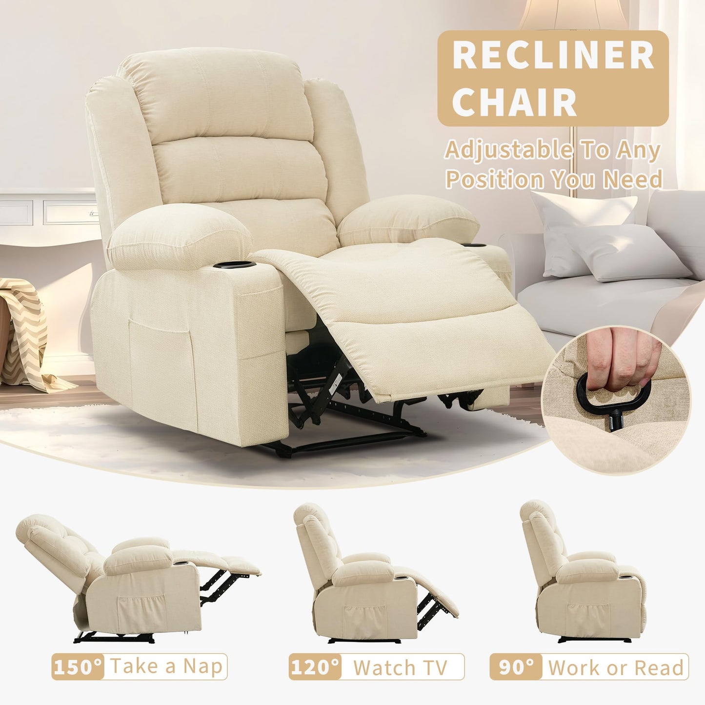 GarveeHome Wide Manual Recliner Chair for Adults – Widen Oversize Overstuffed Breathable Fabric Lounge Chair with 3 Angle Modes 2 Cup Holders Side Pockets