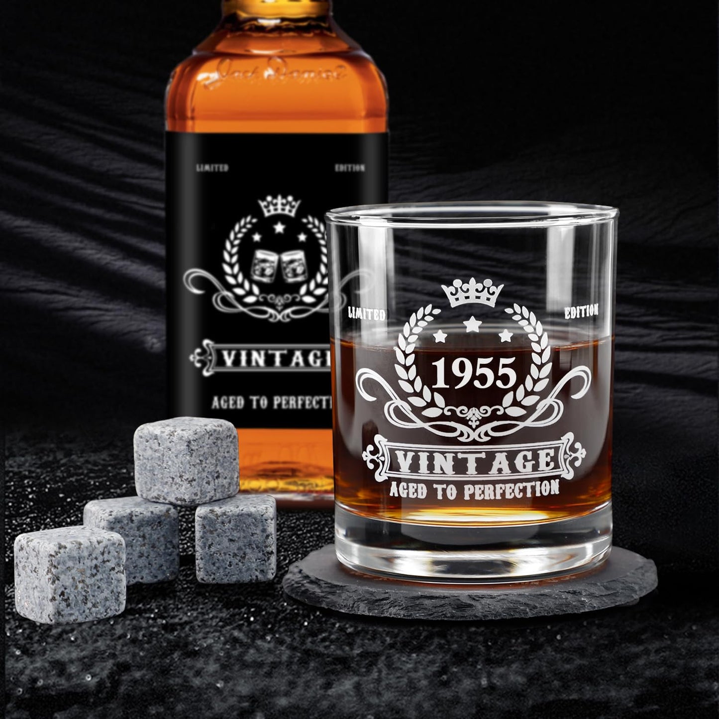 YeohJoy 70th Birthday Gifts for Men,Vintage 1955 Whiskey Glass Set,Wood Box & Whiskey Stones & 1955 Poster Anniversary Card & Coaster,Birthday Gifts Ideas for Him,Husband,Dad