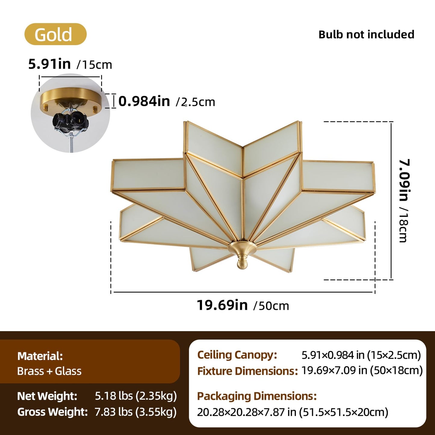 Gold Star Flush Ceiling Light - 19.5 Inch Brass Glass Large Mount Fixture - Art Deco Mid Century Vintage Modern Moravian Lighting Lights for Bedroom Dining Kitchen Foyer Farmhouse Living Room Fixtures