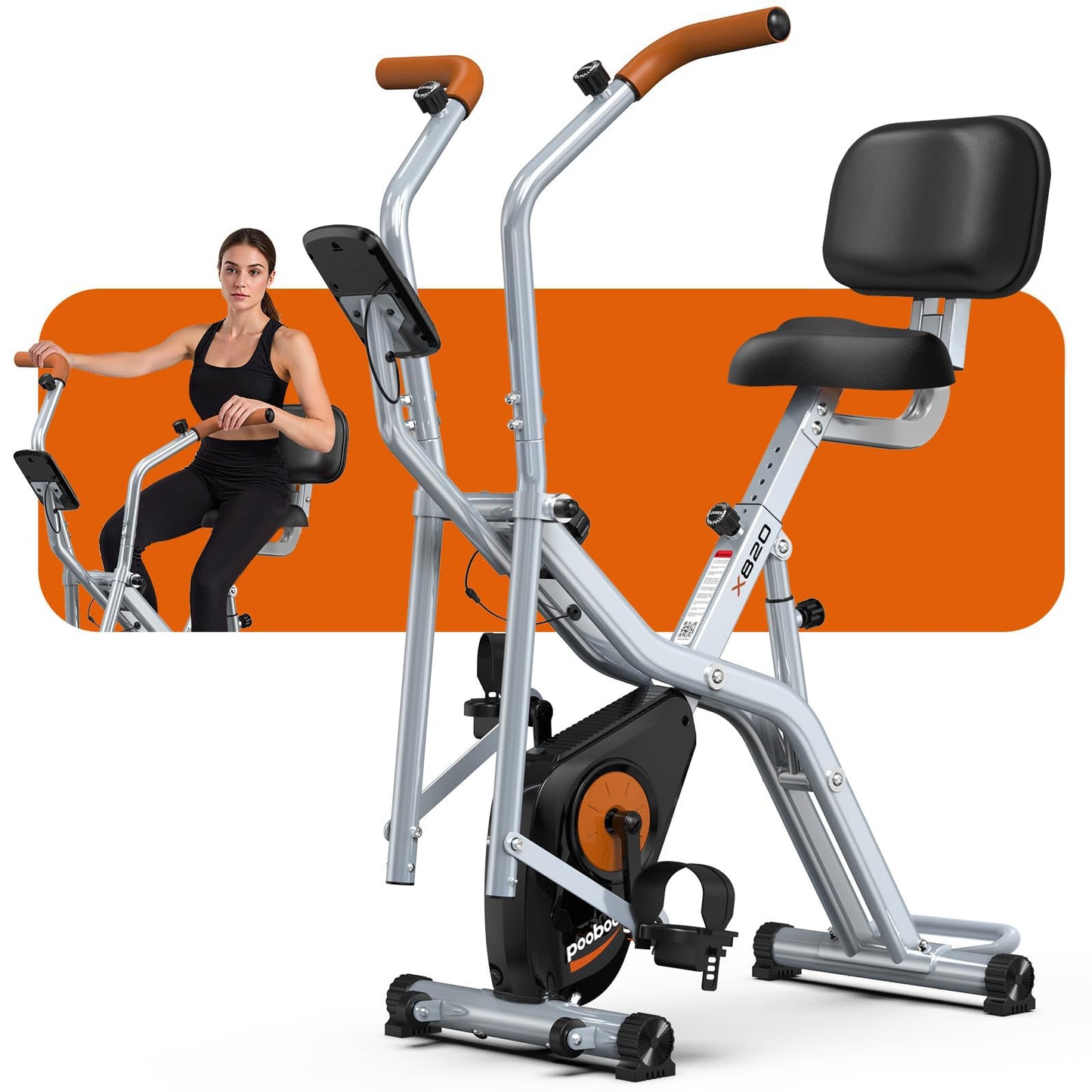 Pooboo Foldable 2-in-1 Exercise Bike, Elliptical & Stationary Cycling Mode, 8-Level Magnetic Resistance, Silent Indoor Fitness Bike for Home & Rehab, Adjustable Seat & Handrail, LCD Monitor, 300LBS Weight Capacity, Silver Black