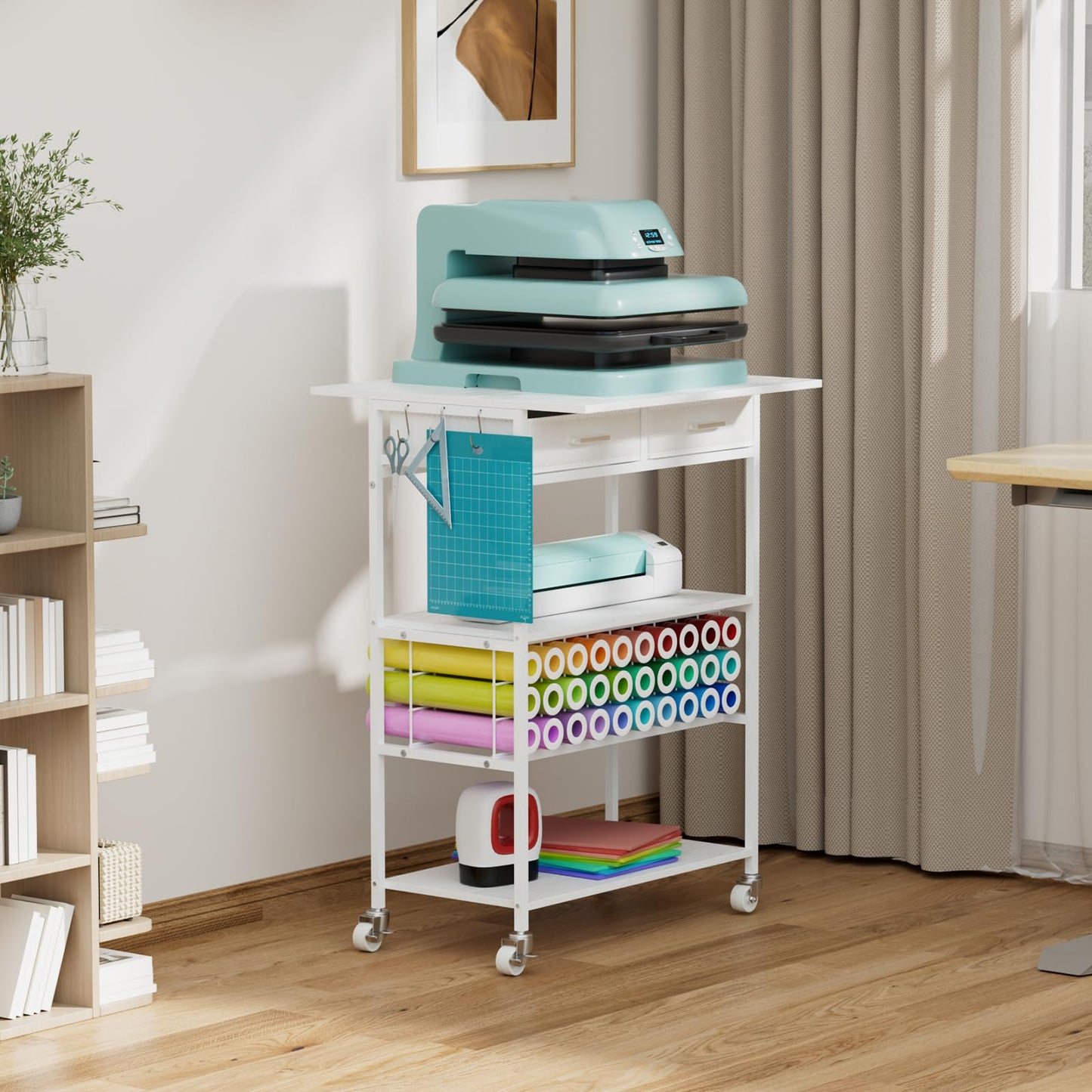 Homsorout Movable Heat Press Table - Heat Transfer Machine Stand Compatible for Cricut, Vinyl Roll Holder, Rolling Metal Wood Sublimation Printer Organizer for T Shirt Maker Craft, 23.6''×19.6''