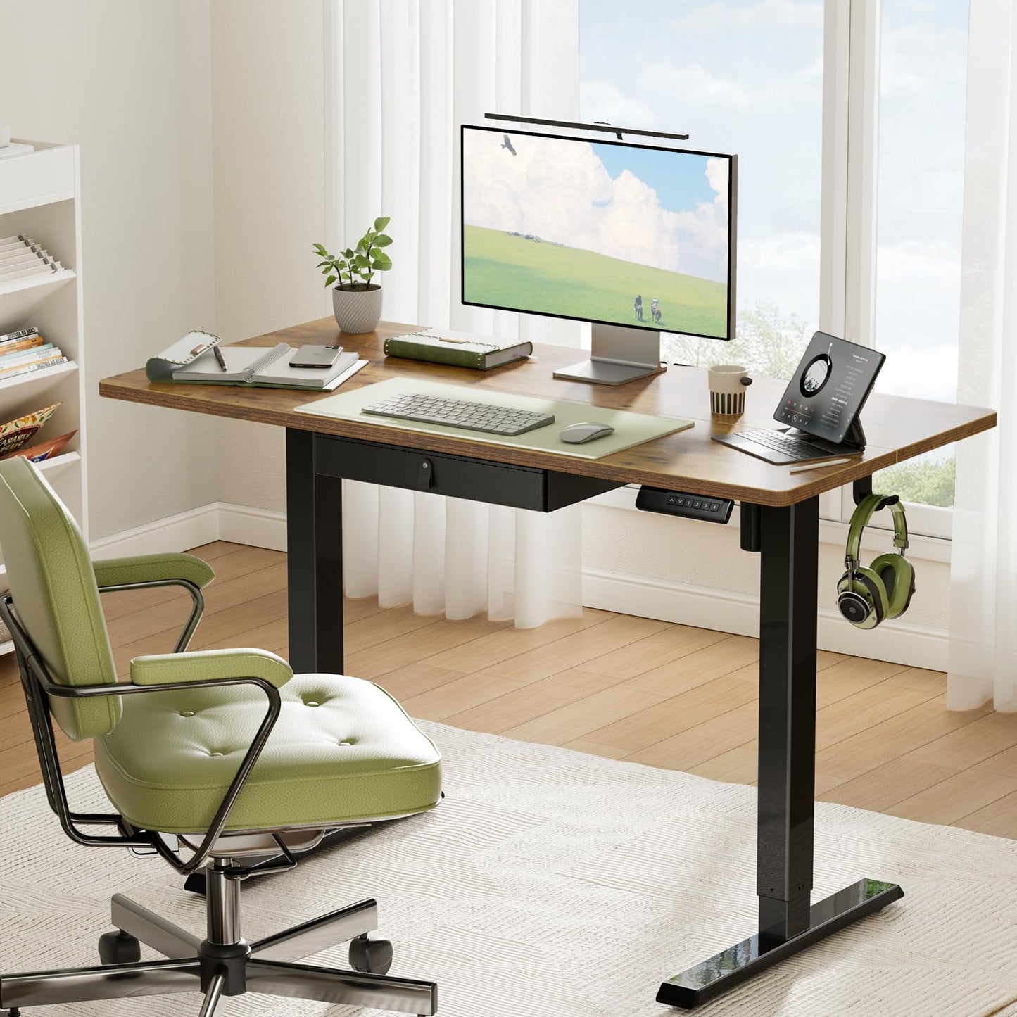 Marsail 55x24 Electric Standing Desk with Drawer, Computer Desk, Sit Stand Office Table with Storage & Hooks & Cable Management, Ergonomic Height Adjustable Table for Home Office, Brown
