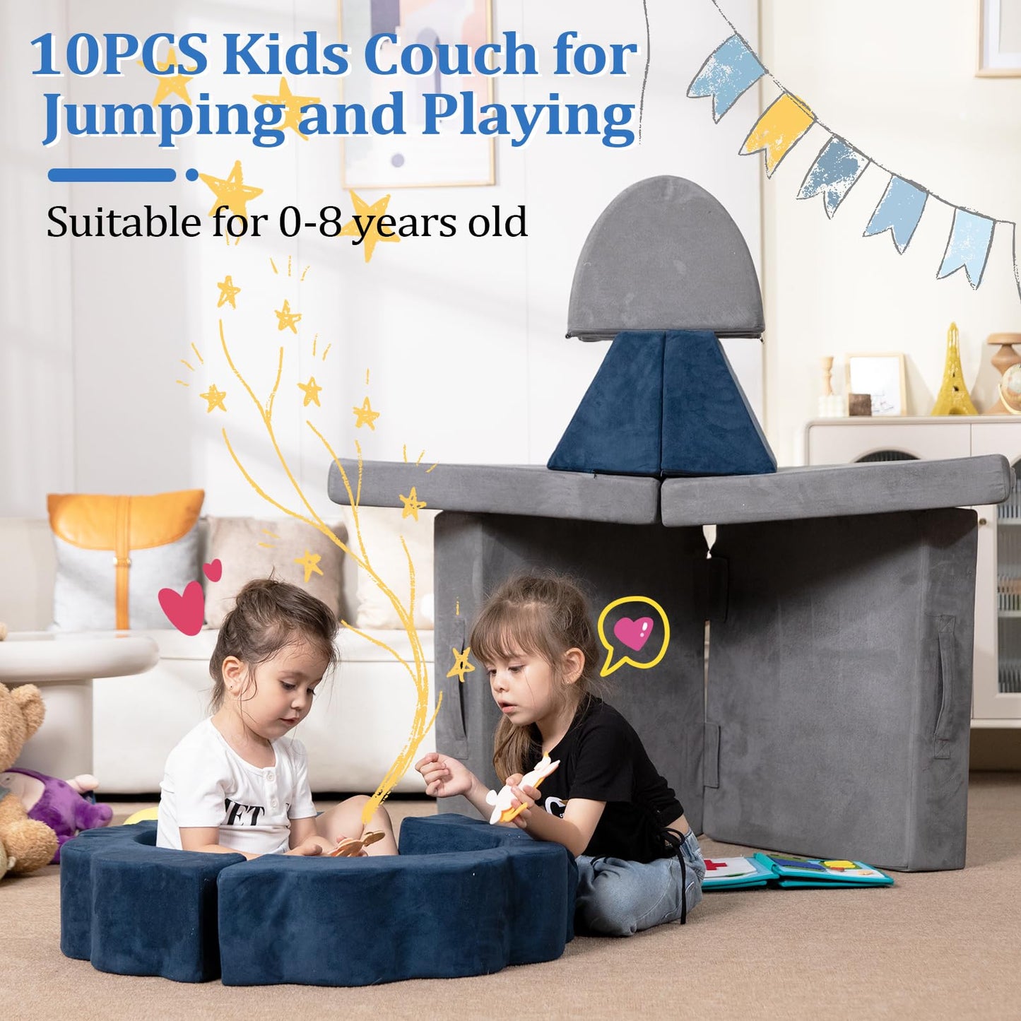 LOAOL Kids Couch 10PCS, Modular Kids Play Couch, Multifunctional Foam Toddler Sofa, Imaginative Convertible Play Sofa for Playroom