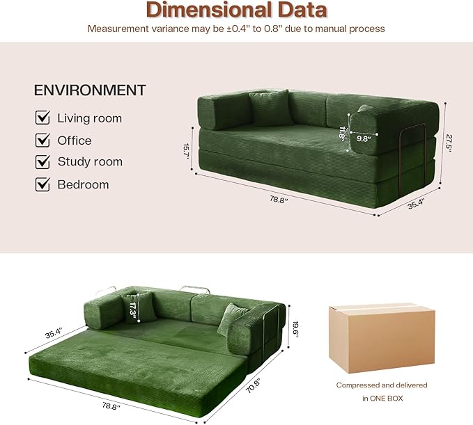 Kelyda 79 Inch Convertible Sofa Bed Couch in Box, 5 in 1 Folding Modular Boneless Couch with Pull Out Bed 2 Pillows, Soft Corduroy Floor Futon Lounge Loveseat Sleeper Lazy Cama No Assembly Green