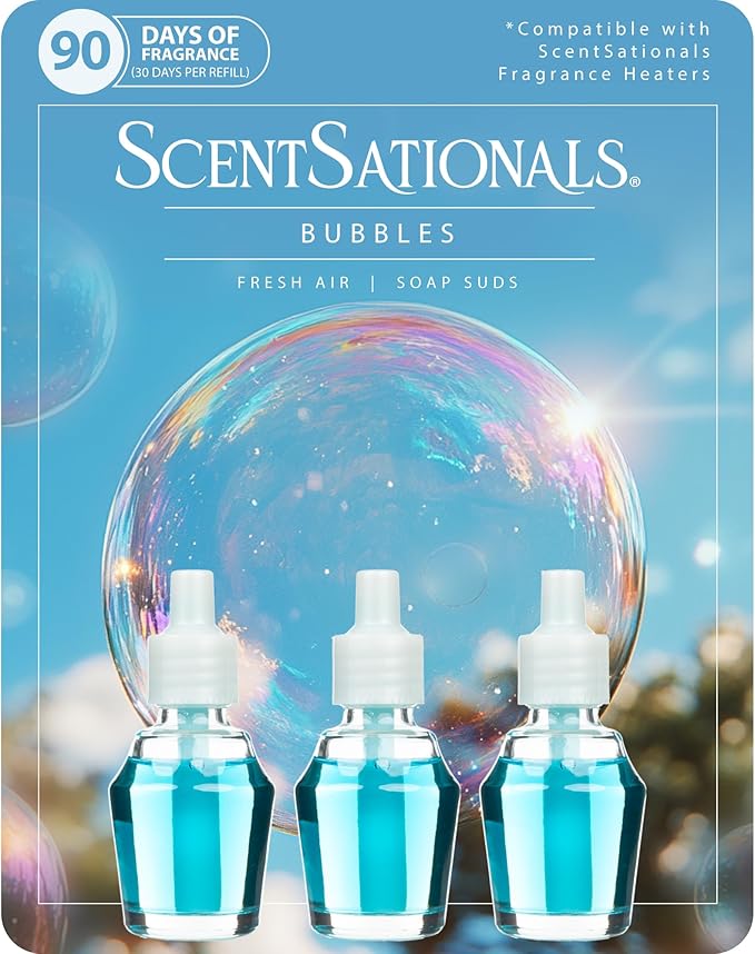 Scentsationals Fragrance Oil Plug In Air Freshener Refills 3-Pack - Bubbles - Works with Scentsationals Wall Plugs, Long-Lasting Home Fragrance, 0.8 fl oz Each, Packaging May Vary