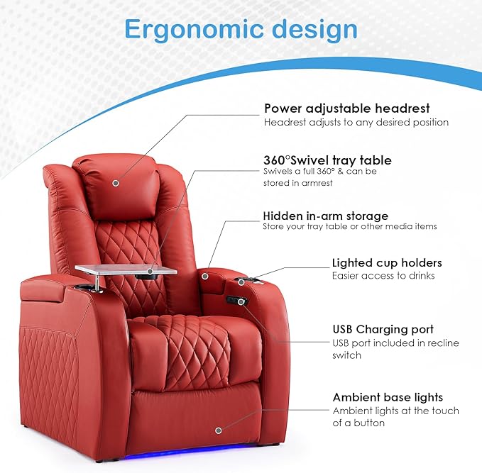 Weilianda Home Theater Seating Top Grain Leather Zero Gravity Recliner Chair Power Headrest Recline Movie Seat Gaming 7 Colors Mood Light Sofa with Tray Table USB Charge Row of 2 Red