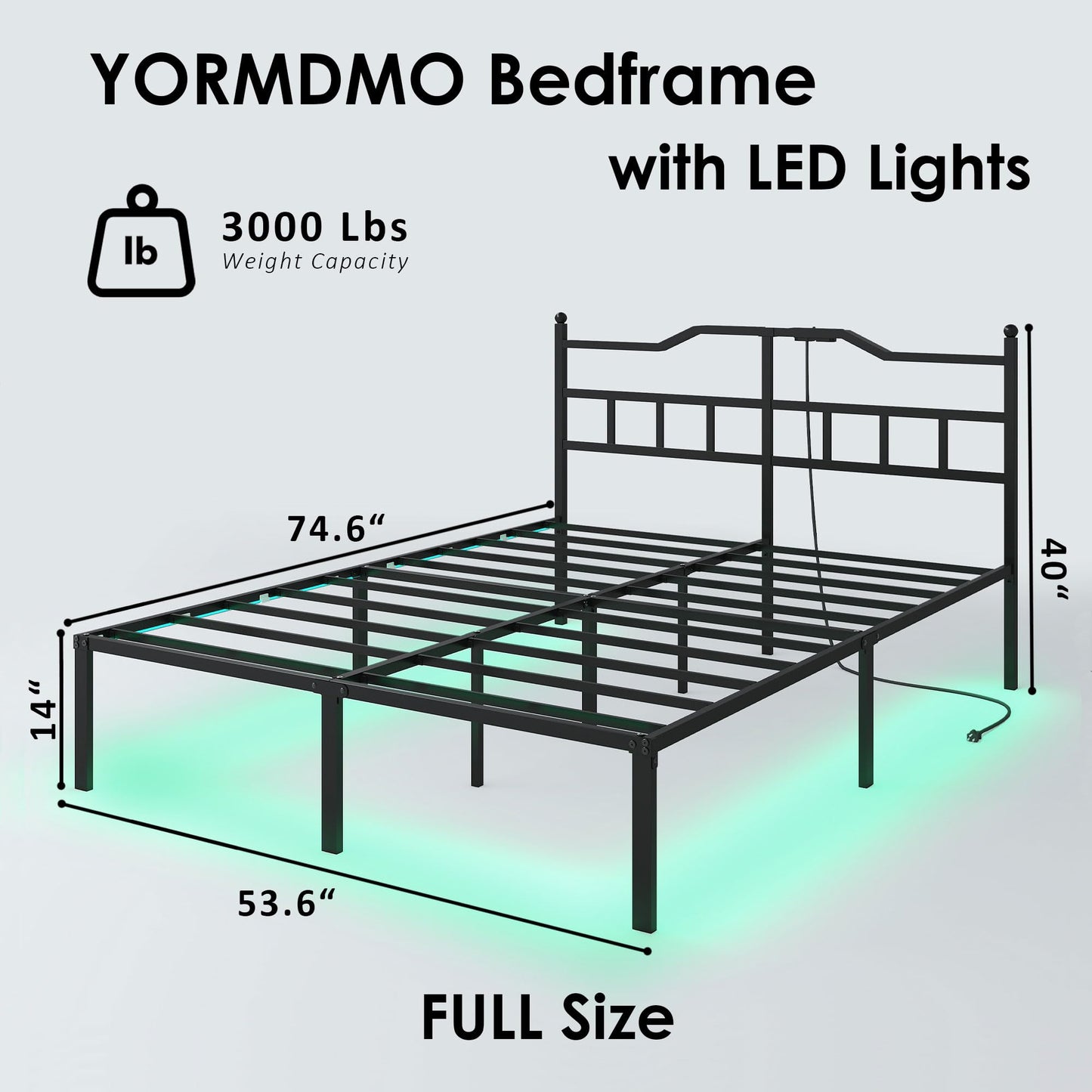 YORMDMO Full Bed Frame with LED Lights, 14 inch Metal Bedframe with Headboard, Outlets & USB, Heavy Duty Basic Steel Slats Platform, Noise Free, No Box Spring Needed