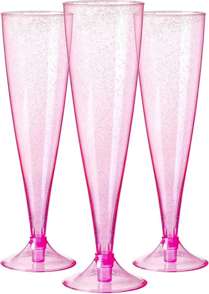 Homy Feel Pink Glitter Plastic Pink Wine Glasses 30 Pack,5 OZ Champagne Flutes Disposable for Party,Plastic Champagne Flut...