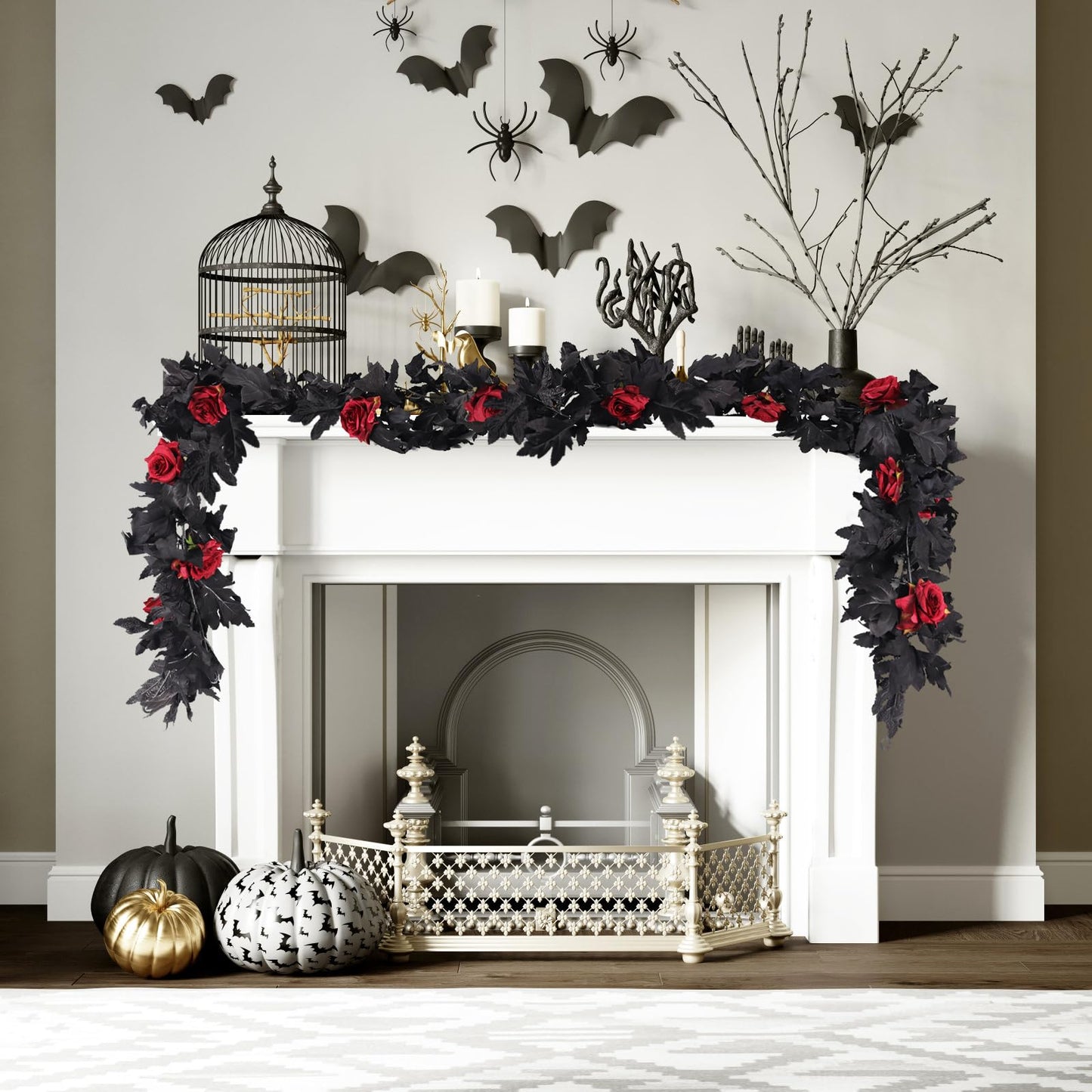 RECUTMS 2Pcs Black Fall Maple Leaf Garland with Red Roses 5.7Ft Fake Hanging Rose Vines Artificial Rose Flower Garland Black Halloween Wreath for Autumn Fireplace Indoor Outdoor Thanksgiving Decor