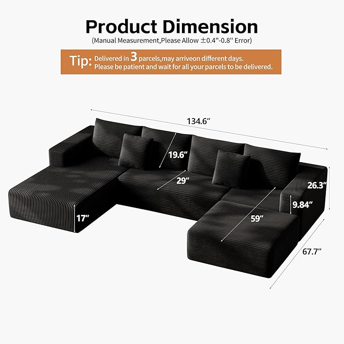 Fancyfire 134.6" Cloud Modular Sectional Couch with Chaise and Pillows,Ultimate Comfort U-Shaped Deep Seat Sofa,Boneless Couch Upholstered 3-Seater Sofas for Living Room, No Assembly Required(Black)