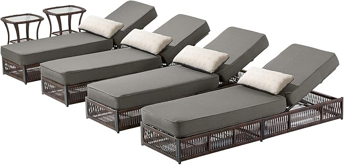 ACTREST Luxury Outdoor Chaise Lounge Chairs of 4 with 5 Inch Thick Cushions and Side Table - 6 PCS High Back Brown Wicker Rattan Patio Recliners Lounger Furniture Set for Poolside Sunbathing - Grey