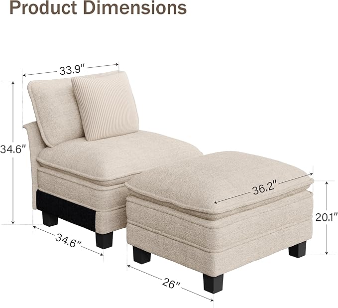 PHI VILLA Indoor Lounge Sofa Chair, One-Person Oversized Sectional Sofa with Ottoman, Single Chaise with Upholstered Deep Seat for Bedroom Reading, Chenille Fabric, Beige
