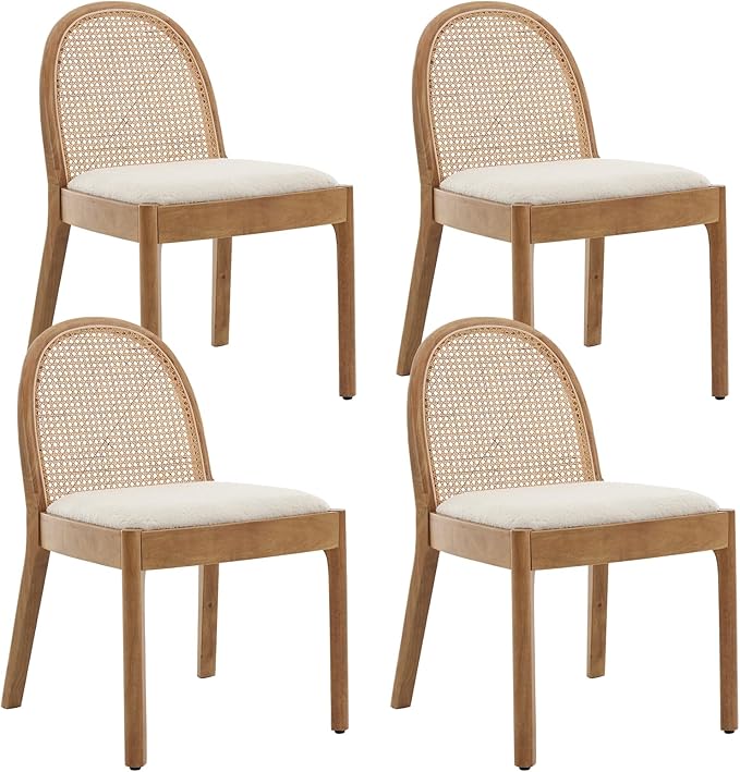 DUOMAY Mid-Century Modern Rattan Dining Chairs Set of 4, Wooden Dining Room Chair with Cane Backrest and Padded Seat, Sherpa Upholstered Dining Chair, Natural Finish, White