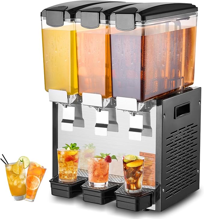 VEVOR Commercial Beverage Dispenser, 3 Tanks 10 L / 10.6 QT Per Tank Juice Dispenser, 440W Stainless Steel Ice Tea Drink M...