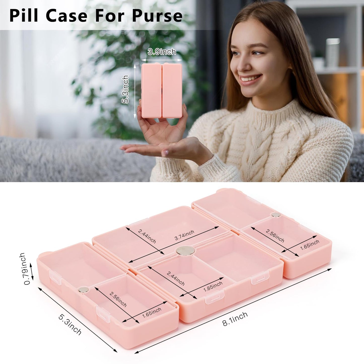 FYY Daily Pill Organizer,2 Pcs 7 Compartments Portable Pill Case Travel,Folding Design Pill Box for Purse Pocket to Hold Vitamins,Cod Liver Oil,Supplements and Medication-Pink