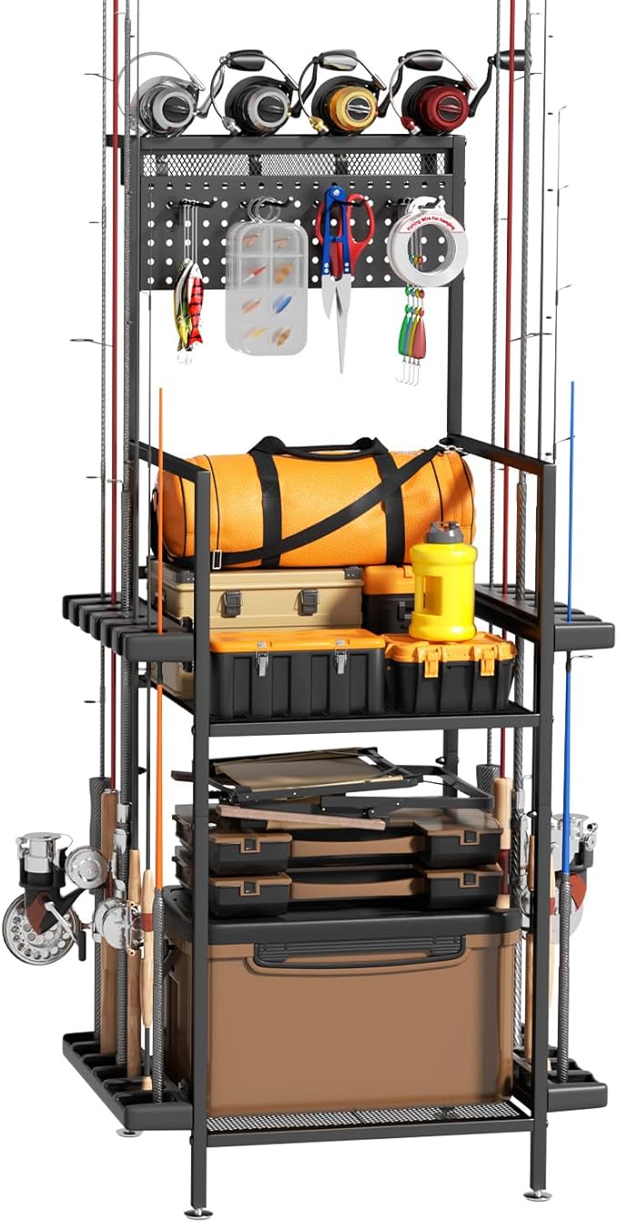 YQSLYSF Fishing Rod Holders for Garage with Pegboard & Metal Mesh Basket, Fishing Rod Storage Rack, Vertical Fishing Pole ...