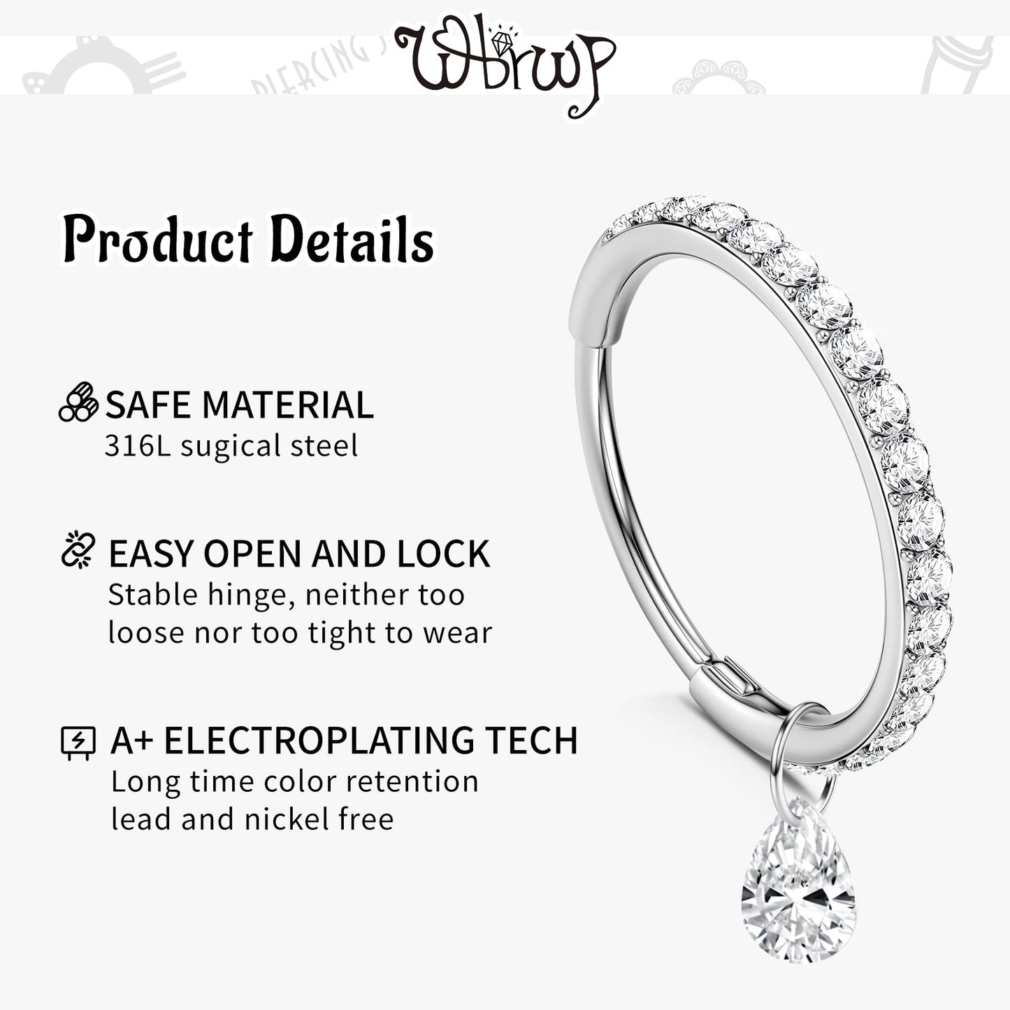 WBRWP 316L Stainless-Steel Hinged Nose Rings Hoop : Womens and Mens Ear Pierecing Dangle Ring with Zircon 18G(1.0mm) Septum Clic