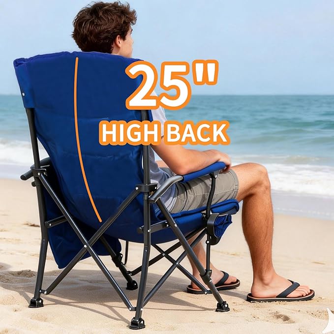Romswi Heated Oversized Camping Chairs 2 Pack with Hard Armrest Chair,Heavy Duty Supports 500LBS,Folding Chairs with Side Pockets,Cup Holder for Outdoor,Garden,Fishing (Powerbank Not Included)