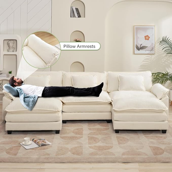 Oprisen 120" Modular Sectional Sofa, Comfy Cloud Couch Sectional Sofa with Ottoman, Chenille Sofa Sleeper Deep Seat Sofa with Throw Pillows for Living Room (Beige White, 120"- U Shape)