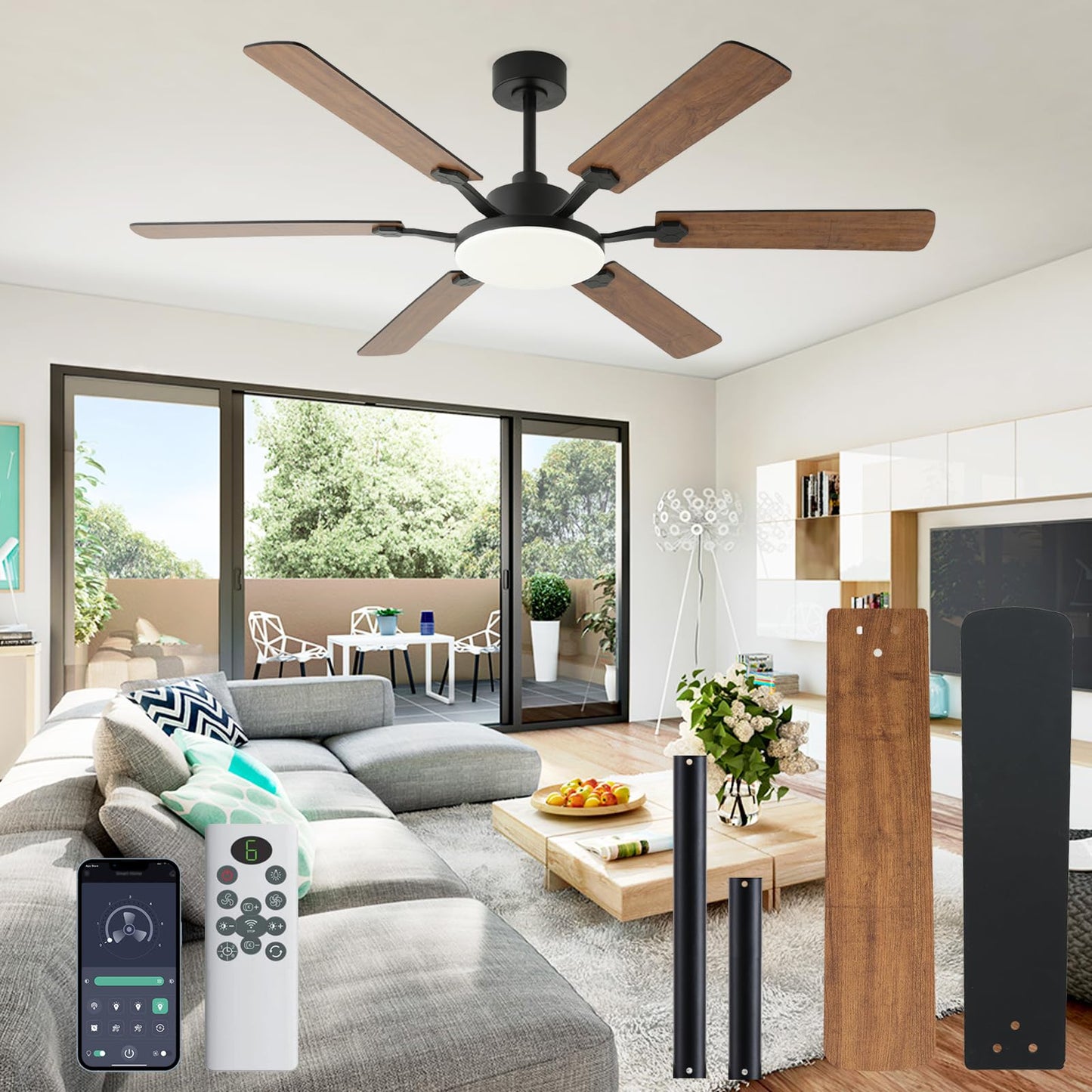 60 Inch Ceiling Fans with Lights, Large Modern Brown Ceiling Fan with Light and Remote Control, 6 Double Sided Blades, 6 Speed Reversible Motor, Dimmable LED, Silent Timing, Indoor Outdoor Patio Use