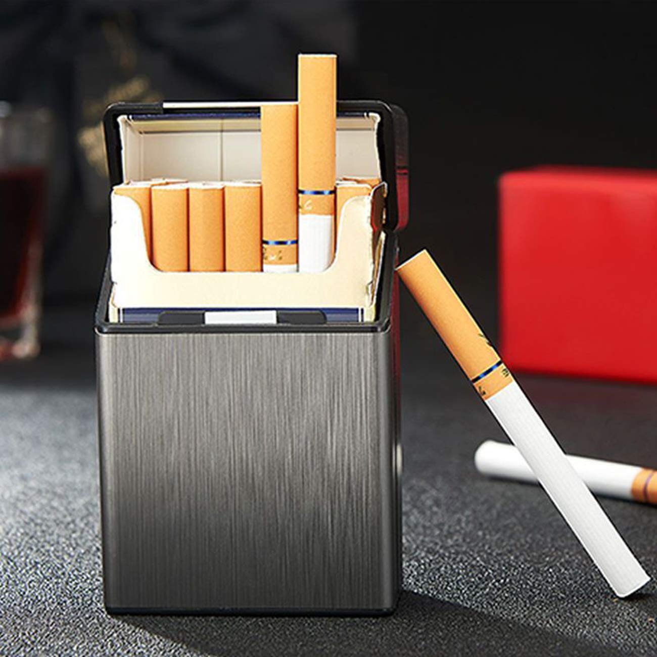 Cigarette Case Brushed Metal Cigarette Case with Magnetic Switch Flip Closure,20 Capacity (2 Pack,85mm, Rose Red + Gray)…