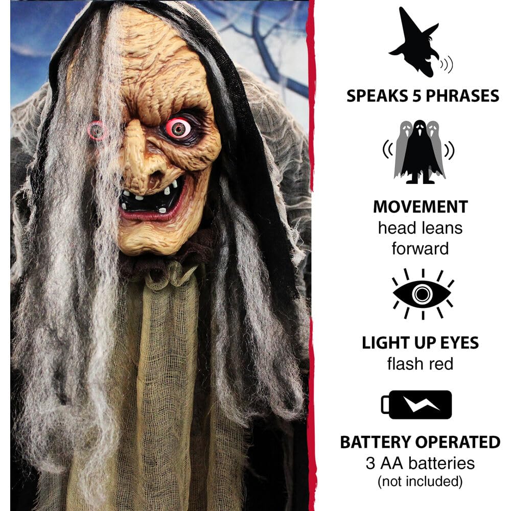 Haunted Hill Farm Life-Size Scary Poseable Talking Witch, Halloween Animatronic with Touch Activated Lights and Sound, Battery Operated Indoor or Covered Outdoor Halloween Decorations, Halloween Prop