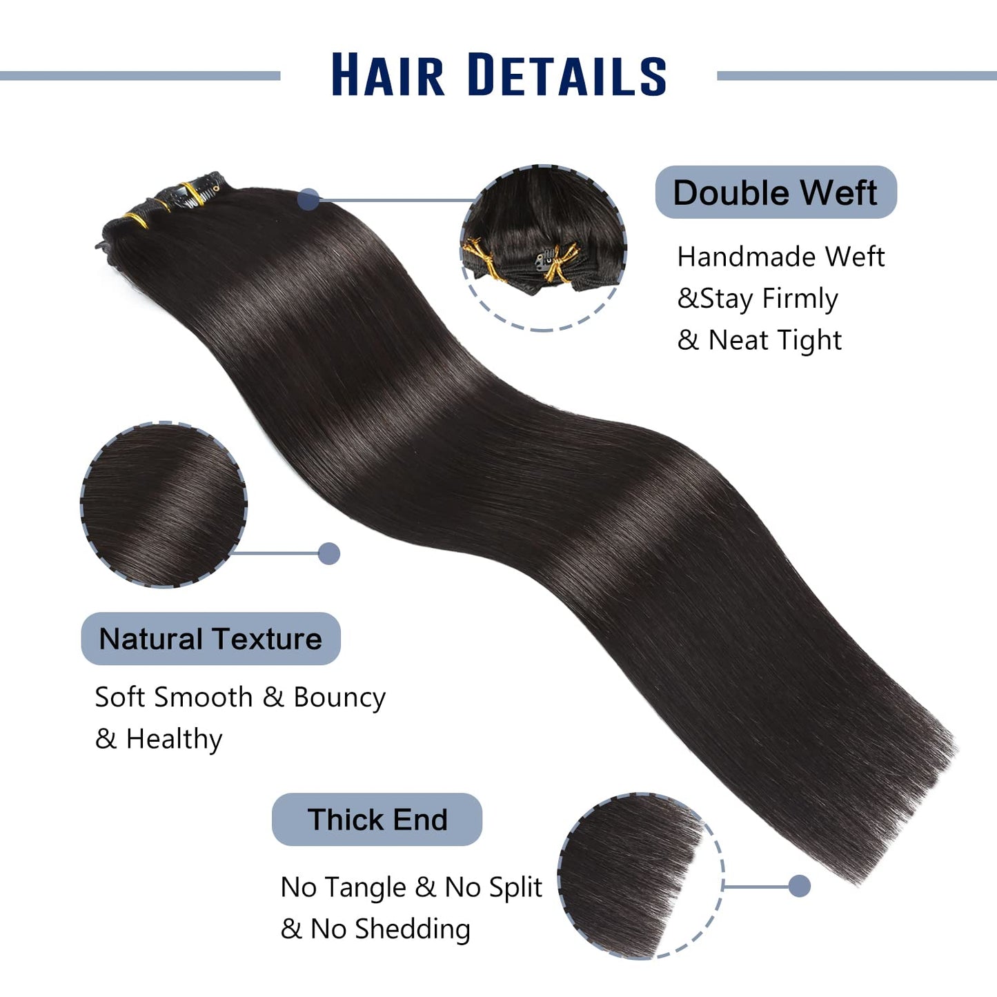 Sunya Real Human Hair Clip-in Extensions - Natural Black, Double Weft, Straight, 20 Inch #1B, 8pcs/120g