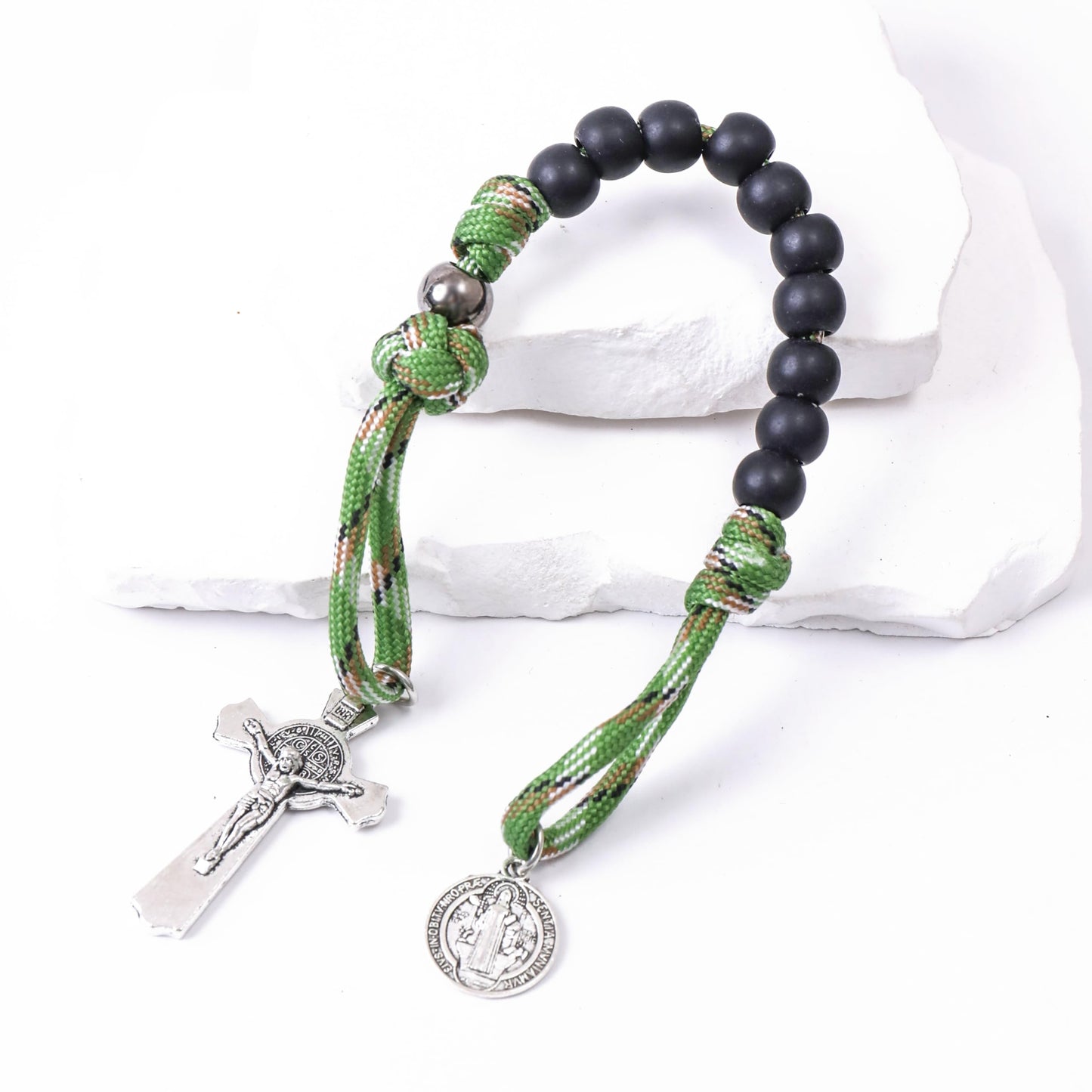 Nazareth Store Olive Military One Decade Khaki Paracord Rosary Black Beads Pocket Car Rosary Protection St. Benedict Medal & Cru