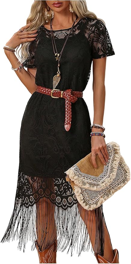 WDIRARA Women's Western Concert 2 Piece Outfits Short Sleeve Sheer Fringe Dress and Cami Dress Set