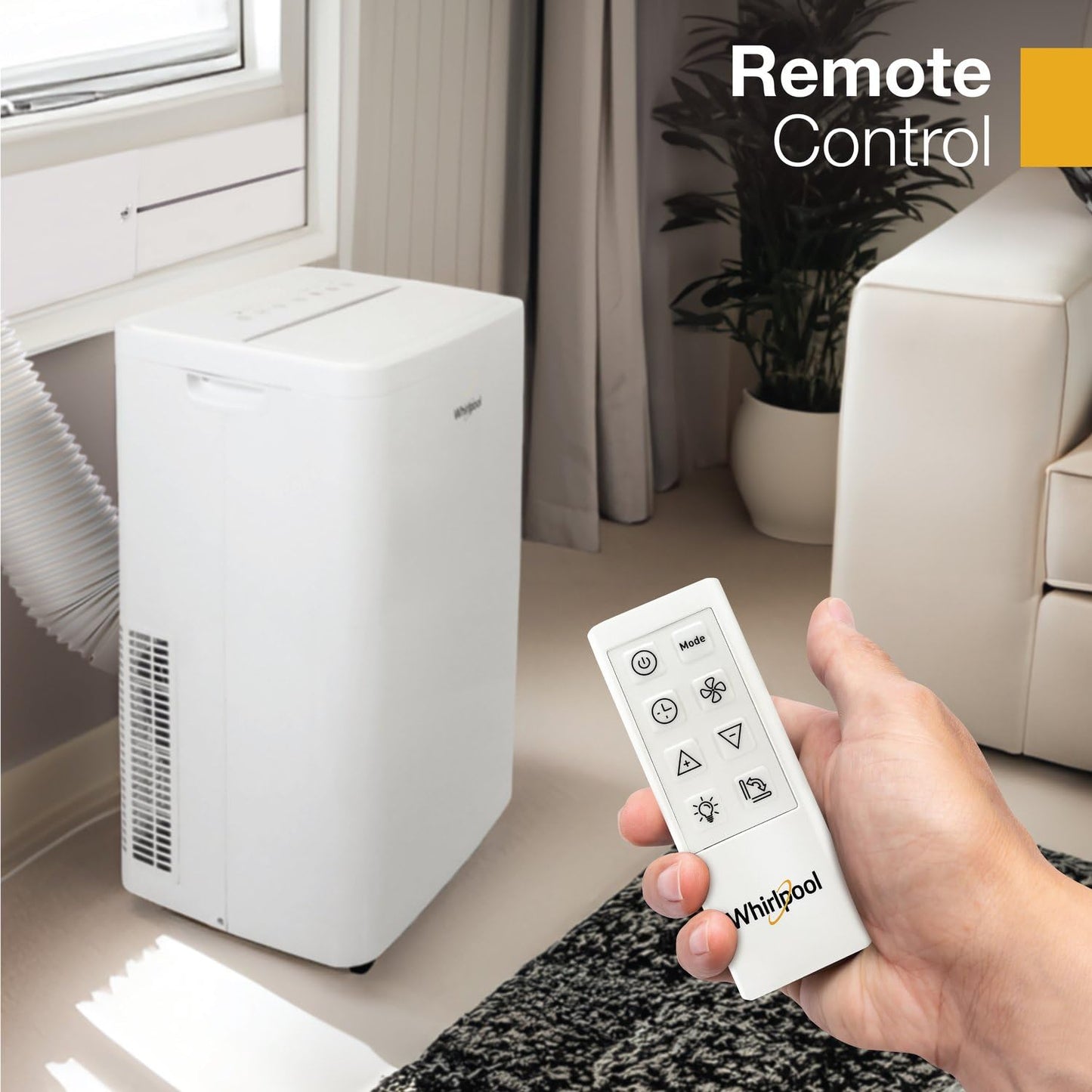 Whirlpool 14,000 BTU Portable Air Conditioner with Dehumidifier for Living Room, Apartment, or Bedroom, 115V, Portable AC for Large Rooms up to 700 Square Feet with Remote, 3 Speeds, and Timer, White