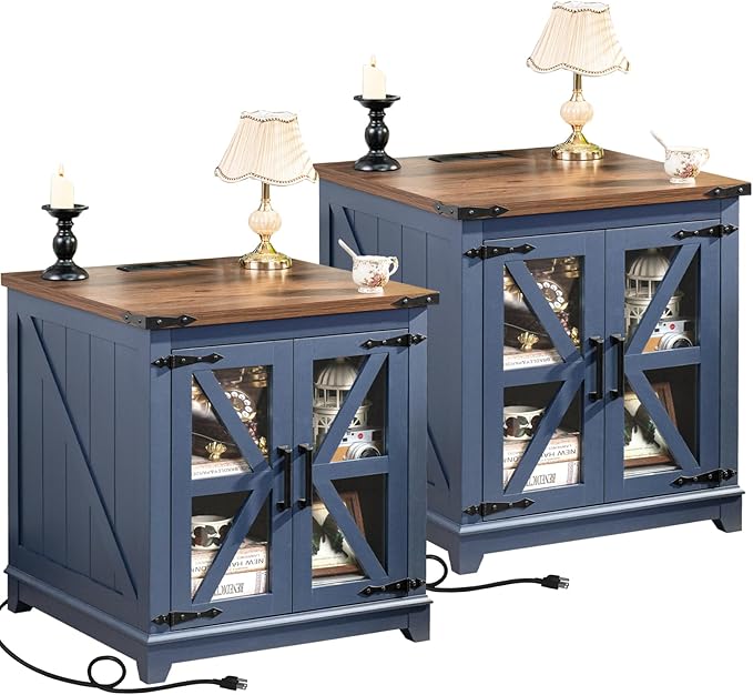 Joaxswe Farmhouse End Table with Charging Station Set 2, 24" Large Sofa Side Table with Glass Barn Door, Blue Nightstand with Adjustable Storage Shelf,Wood Square Bedside Table for Living Room,Bedroom