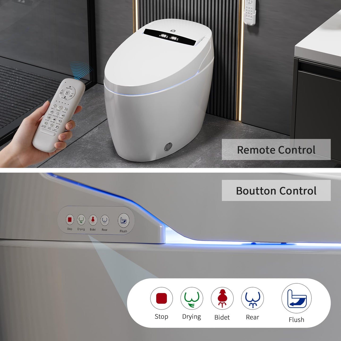 EliteEdge Modern Smart Toilet, One-Piece Elongated with Built-in Bidet, Heated Seat, Foot Sensor Flushing, Warm Air Dryer, Remote Control for Lid Open/Close
