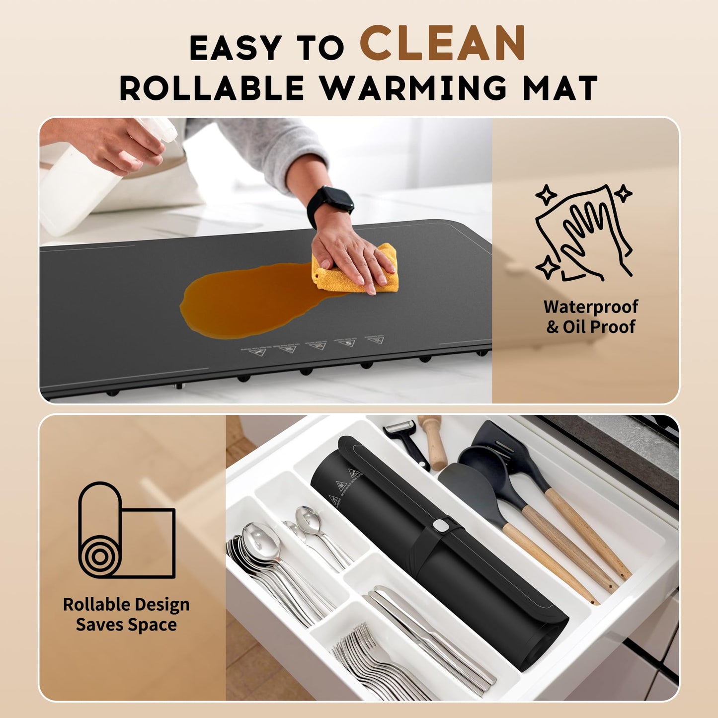 VTAR Rollable Electric Food Warming Mat | 3-Temp Buffet Tray Warmer for Parties | Even Heating, Portable Silicone Design, Auto Shut Off & Child Lock- Black