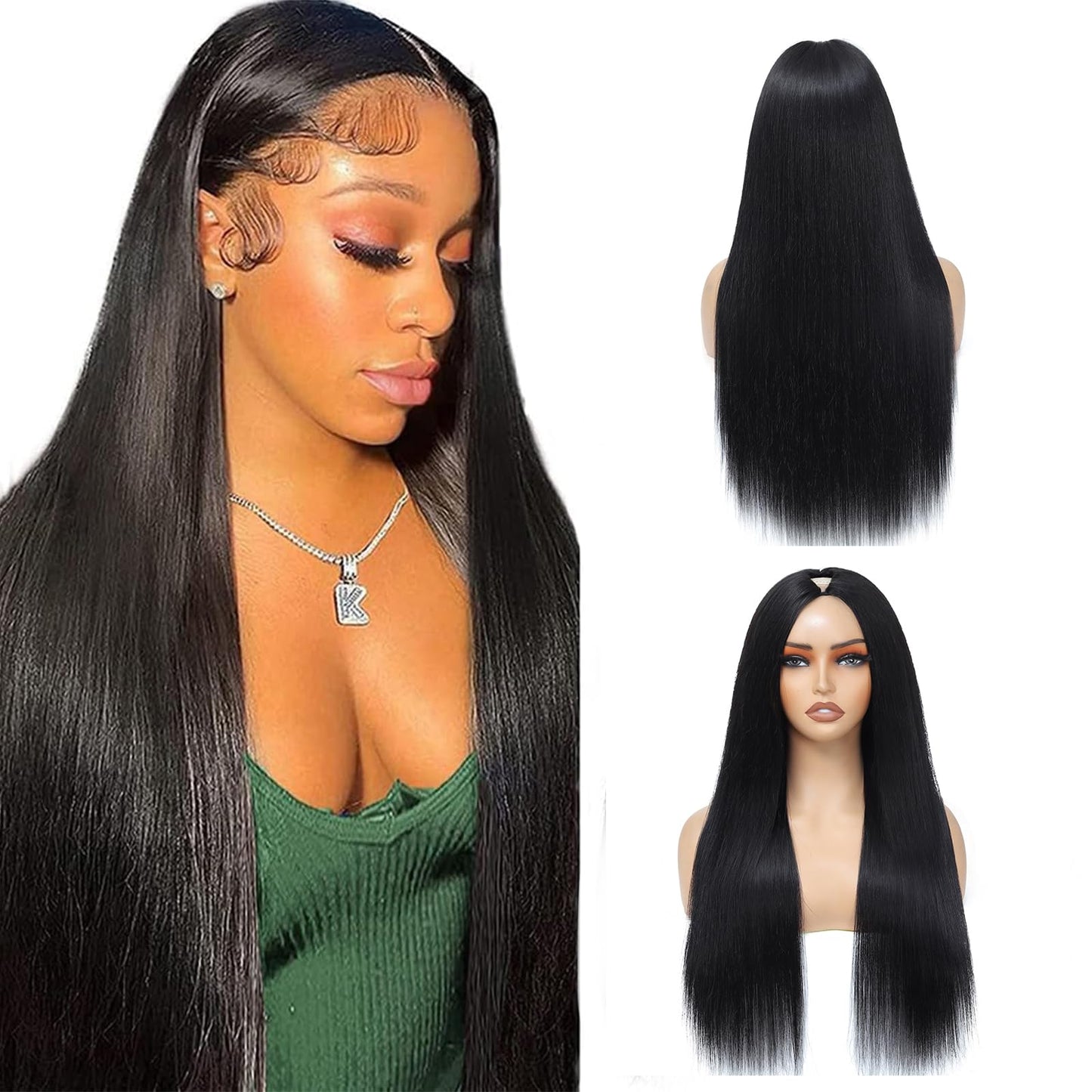 V Part Wig Human Hair Straight Human Hair Wigs Upgrade U Part Human Hair Wig for Women No Leave Out No Sew In 200% Density Natur