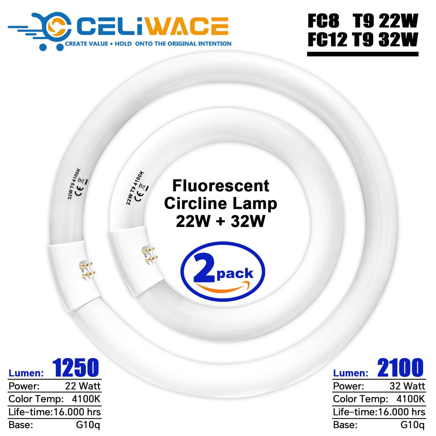 FC8T9/CW 22W and FC12T9/CW 32W Cool White Set, 8 inch T9 22 Watts Circular Light Bulbs, 12 inch 32 Watts Circline Fluorescent Bulb Round Ring Bulb CRI 80, G10q Prong