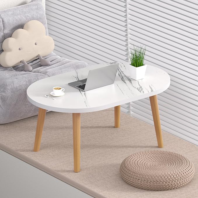 Small Coffee Table for Small Space, Low Table, Floor Table Desk for Sitting on The Floor, Japanese Coffee Table for Living Room, Tatami Tea Tables with Solid Wood Legs, Oval Coffee Tables, White