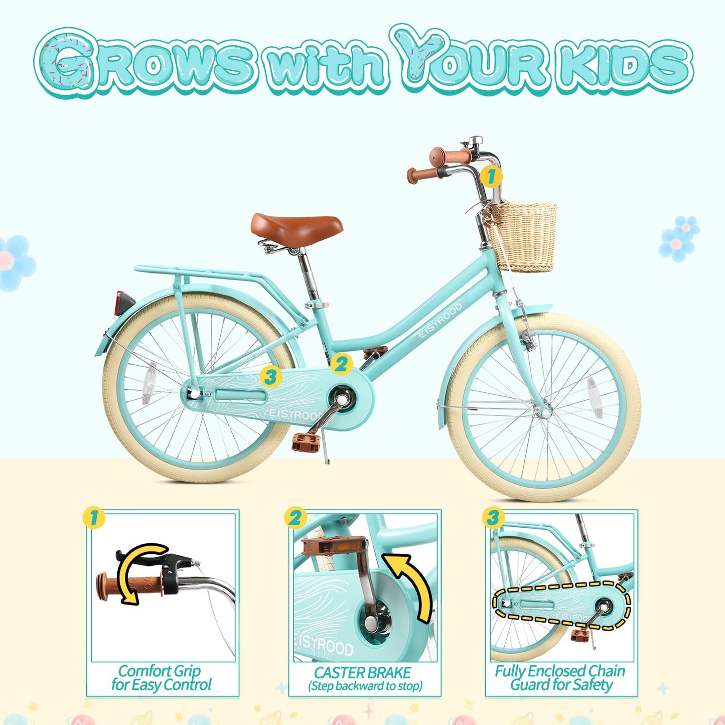 kaiwrxin 20 Inch Girls Bike, Single Speed Kids' Bicycles with Basket and Kickstand, Kids Beach Cruiser Bike for Girls, Adjustable Seat, Multiple Colors (Green)