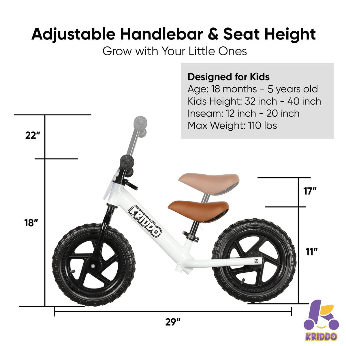 KRIDDO Toddler Balance Bike 2 Year Old, Age 24 Months to 5 Years Old, 12 Inch Push Bicycle with Customize Plate (3 Sets of Stickers Included), Gift Bike for 2-3 Boys Girls, White