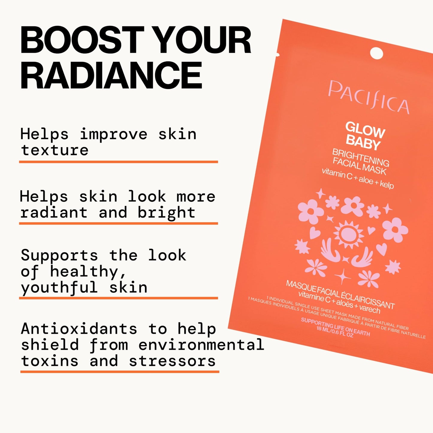 Pacifica Sheet Face Mask - 12 Pack - Glow Baby Brightening Facial Mask w/Vitamin C, Aloe & Kelp - Cooling Mask for Dark Spots &