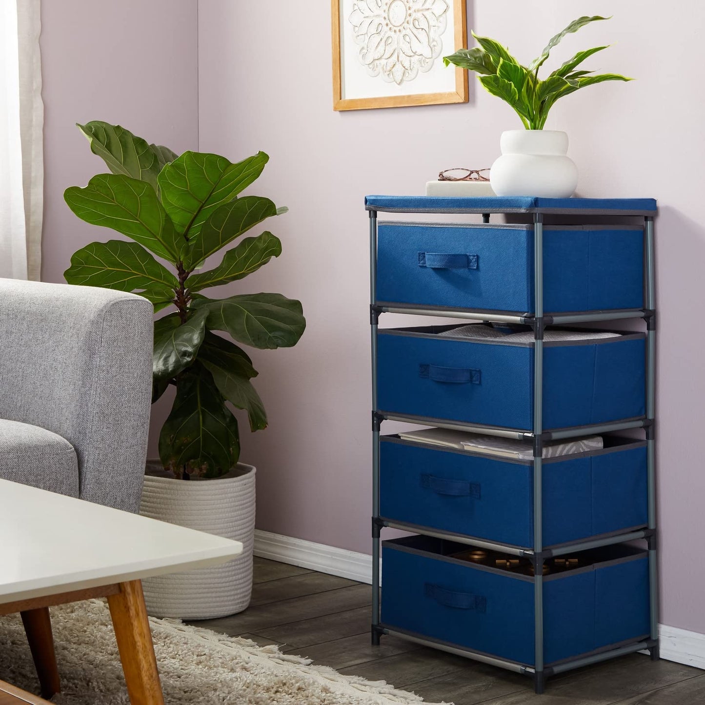Juvale 4-Tier Tall Closet Dresser with Drawers - Organizer and Small Fabric Storage for Bedroom (Navy Blue) - Dresser for Kids Bedroom