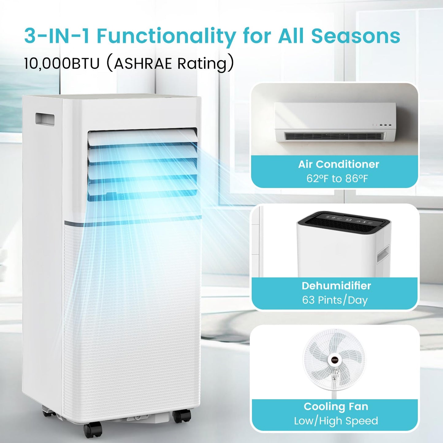 Electactic Portable Air Conditioner 10,000 BTU, 3-in-1 AC Cooler Dehumidifier Fan with LED Display, Remote Control, Quiet, Sleep Mode, 360° Casters, Window Kit for Room Office Apartment Garage
