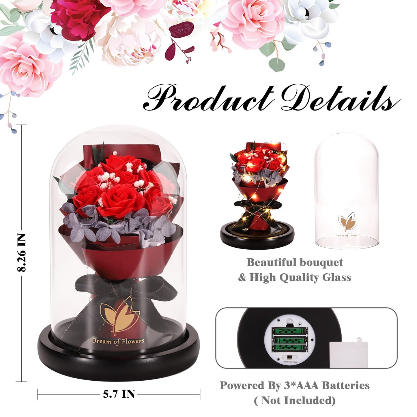 Birthday Flowers Gifts for Women,Anniversary Rose Gift for her,Beauty and The Beast Rose in Glass Dome with 2 Lighting Mode,Forever Flowers Bouquets Birthday Gifts for Women Mom Wife Girlfriend