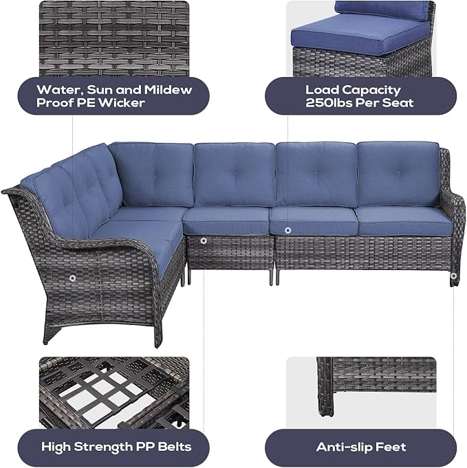 Belord Outdoor Furniture Sectional Sofa L Shaped Couch - Patio Wicker Furniture Set with Coffee Table, 3 Piece Rattan Patio Conversation Sets with Blue Cushion for Deck Backyard Sunroom