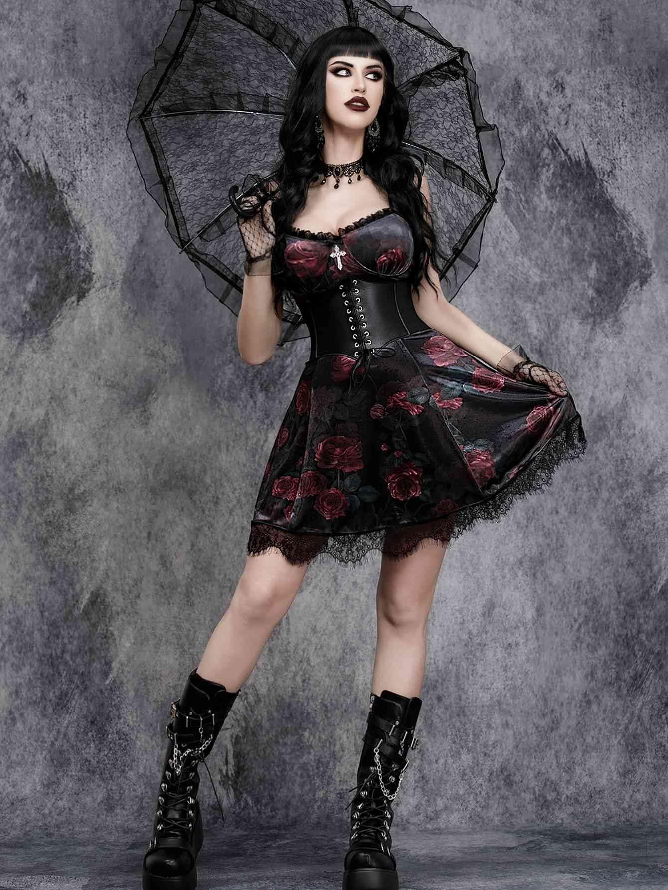 GothDark Vintage Goth Velvet Dress with V Neck Lace Trim Summer Sexy Party Mini Black Dress